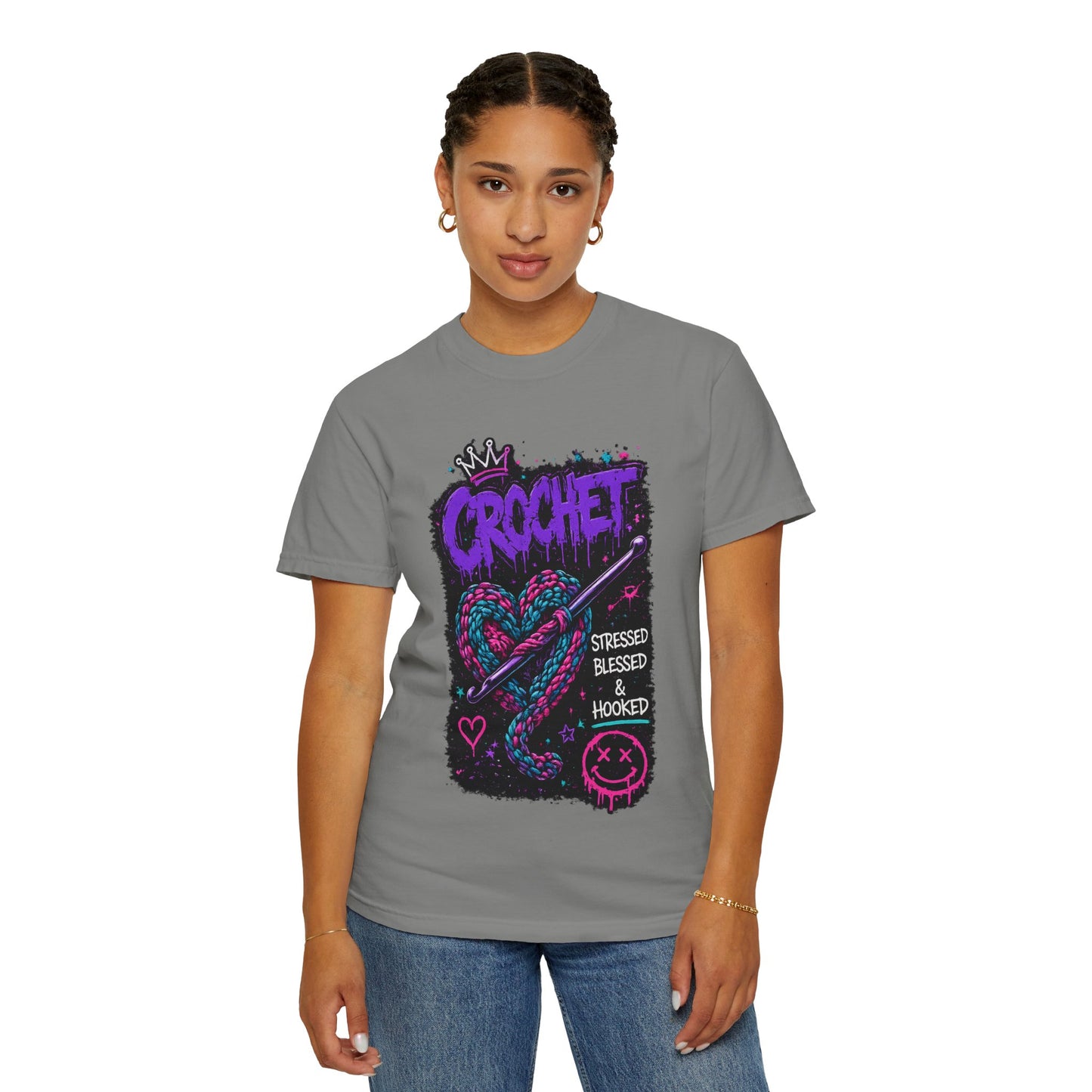 Crochet Graphic T-Shirt — "Stressed Blessed & Hooked" Retro Heart Design