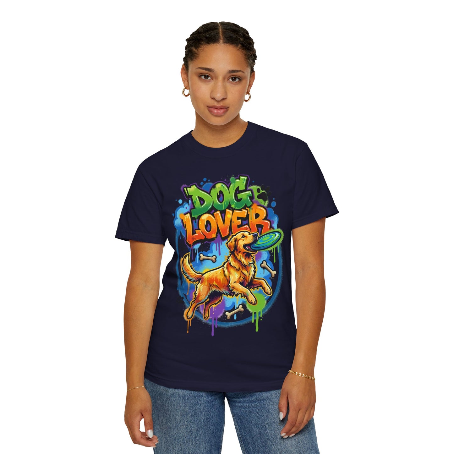 Dog Lover T-Shirt — Colorful Golden Retriever Frisbee Graphic Tee