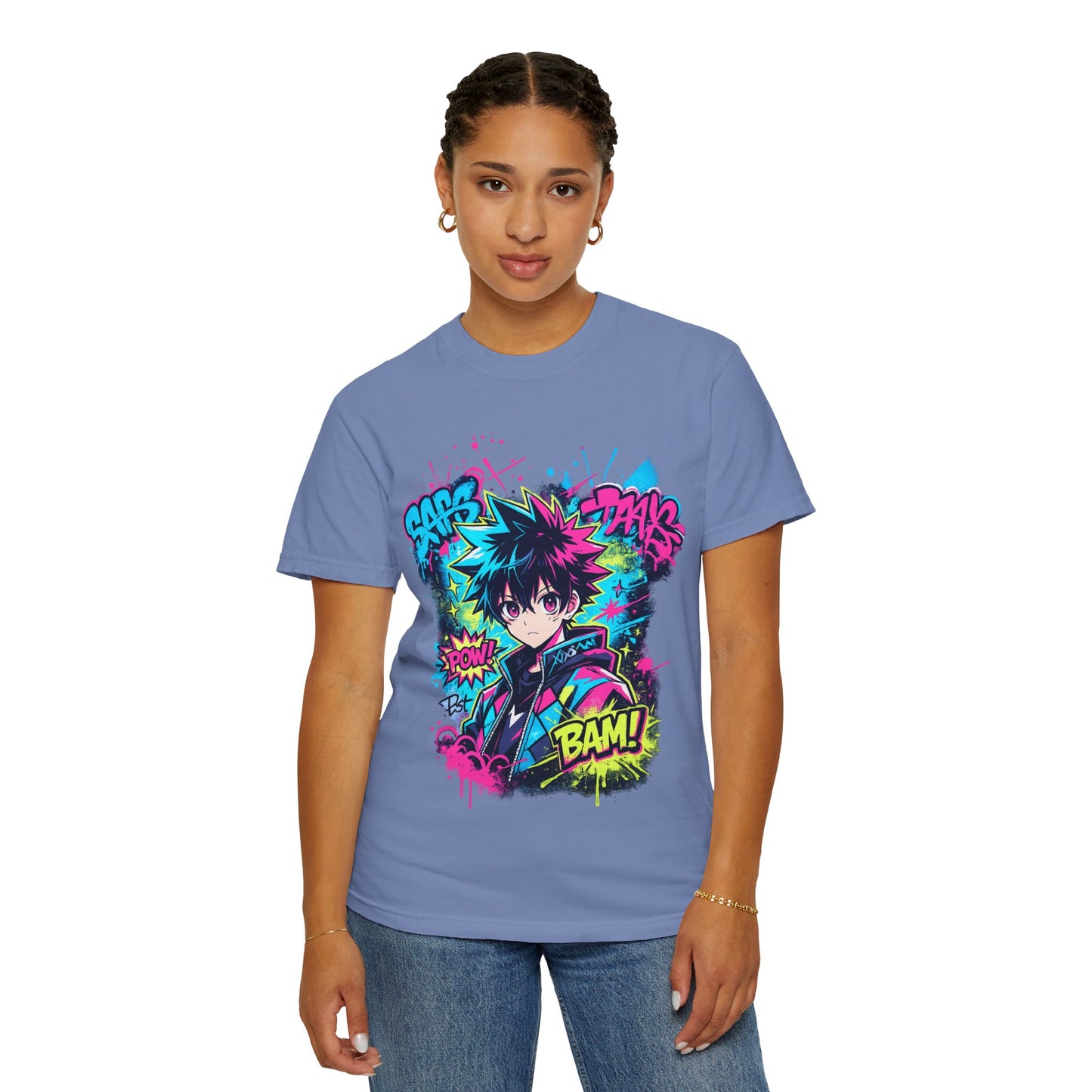 Anime Comic Boy Graphic T-Shirt — Neon Manga "BAM!" Design