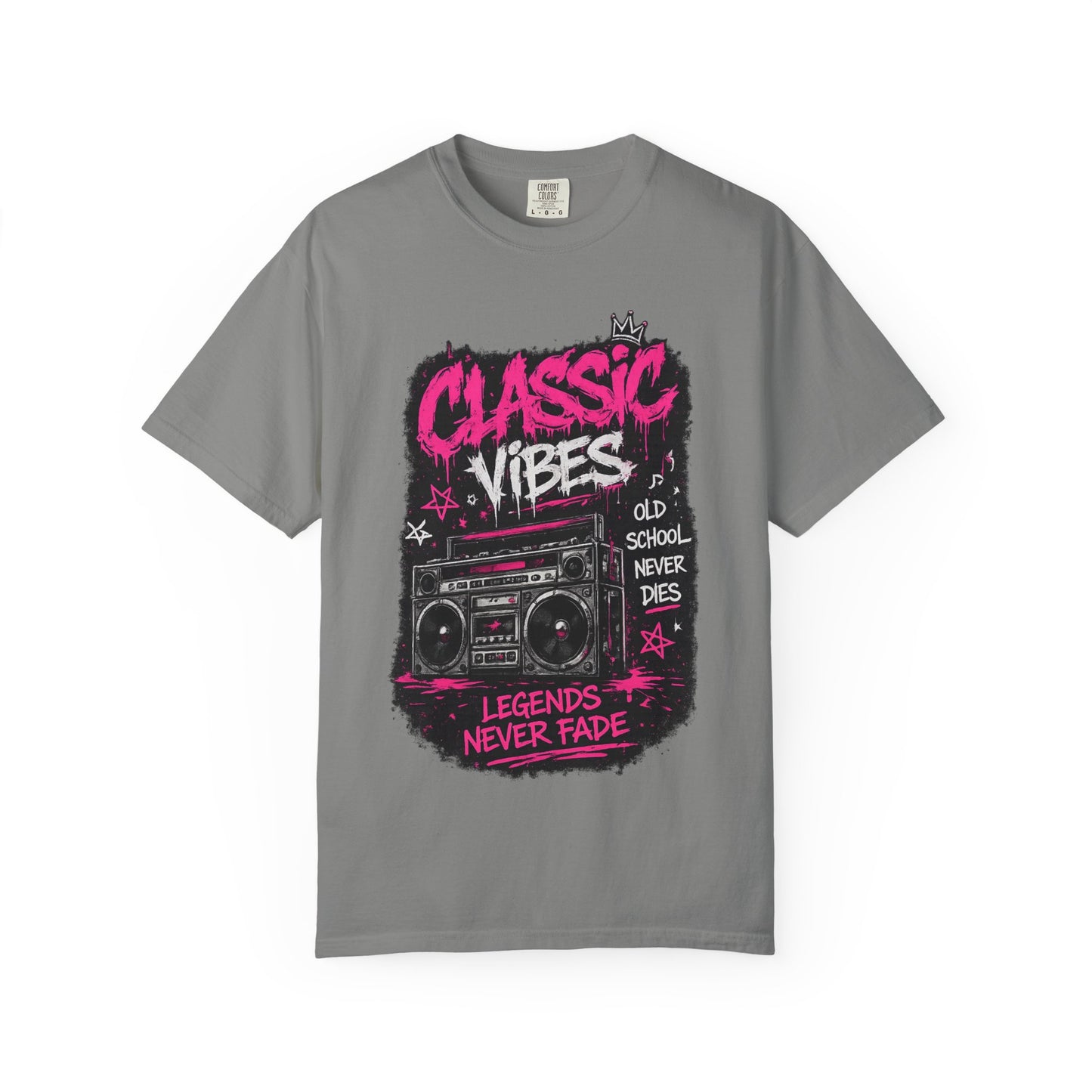 Classic Vibes T-Shirt — 'Legends Never Fade' Retro Boombox Graphic