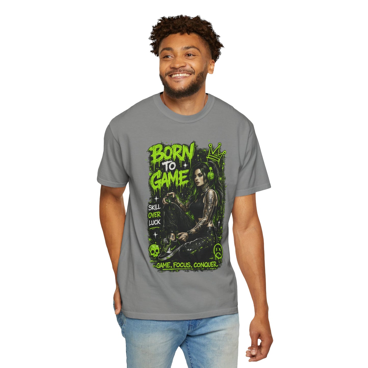 Born to Game Graphic T-Shirt — Gamer Skull & Neon Green Design