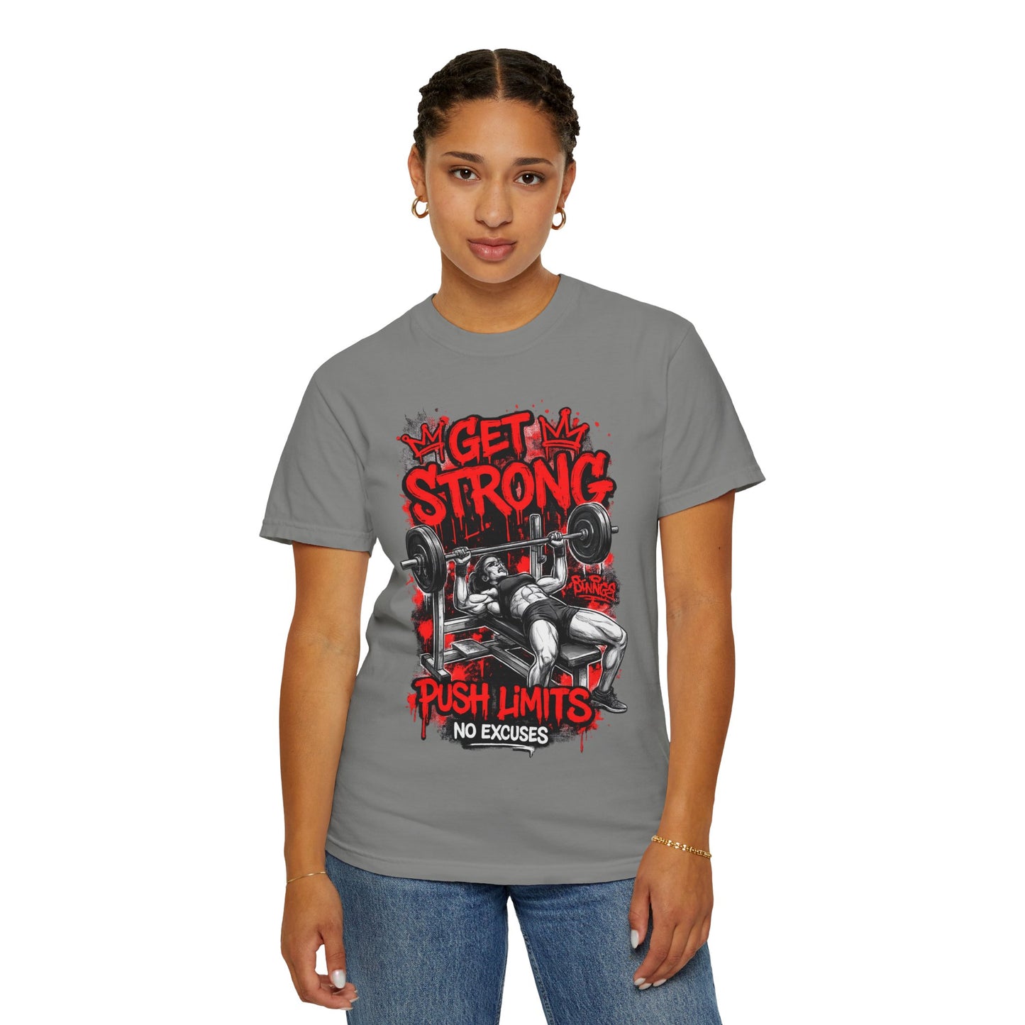 Get Strong Bench Press T-Shirt — Push Limits, No Excuses Gym Tee