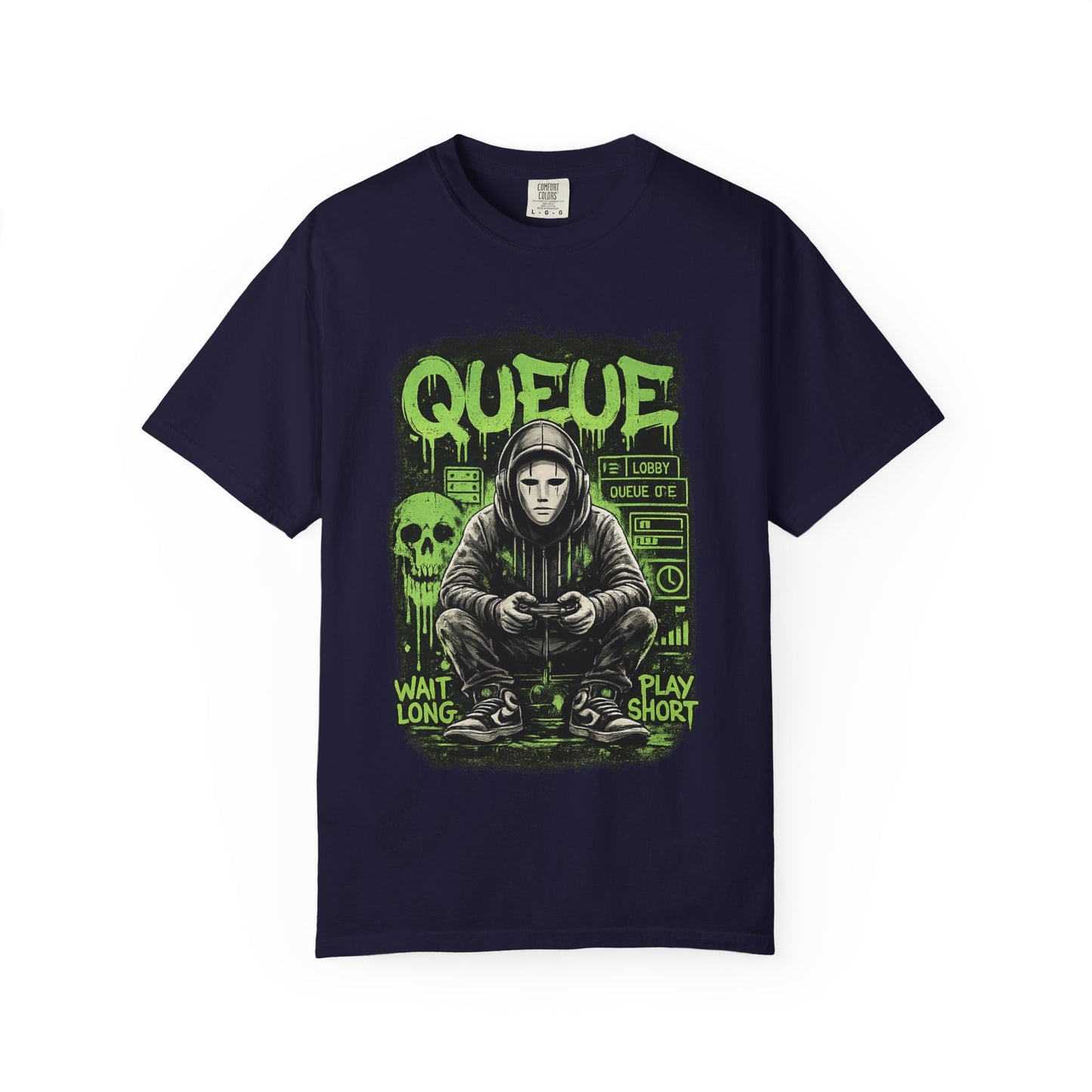 Queue Gamer Hoodie T-Shirt | Waiting Player Graphic Tee, Neon Green Skull Art