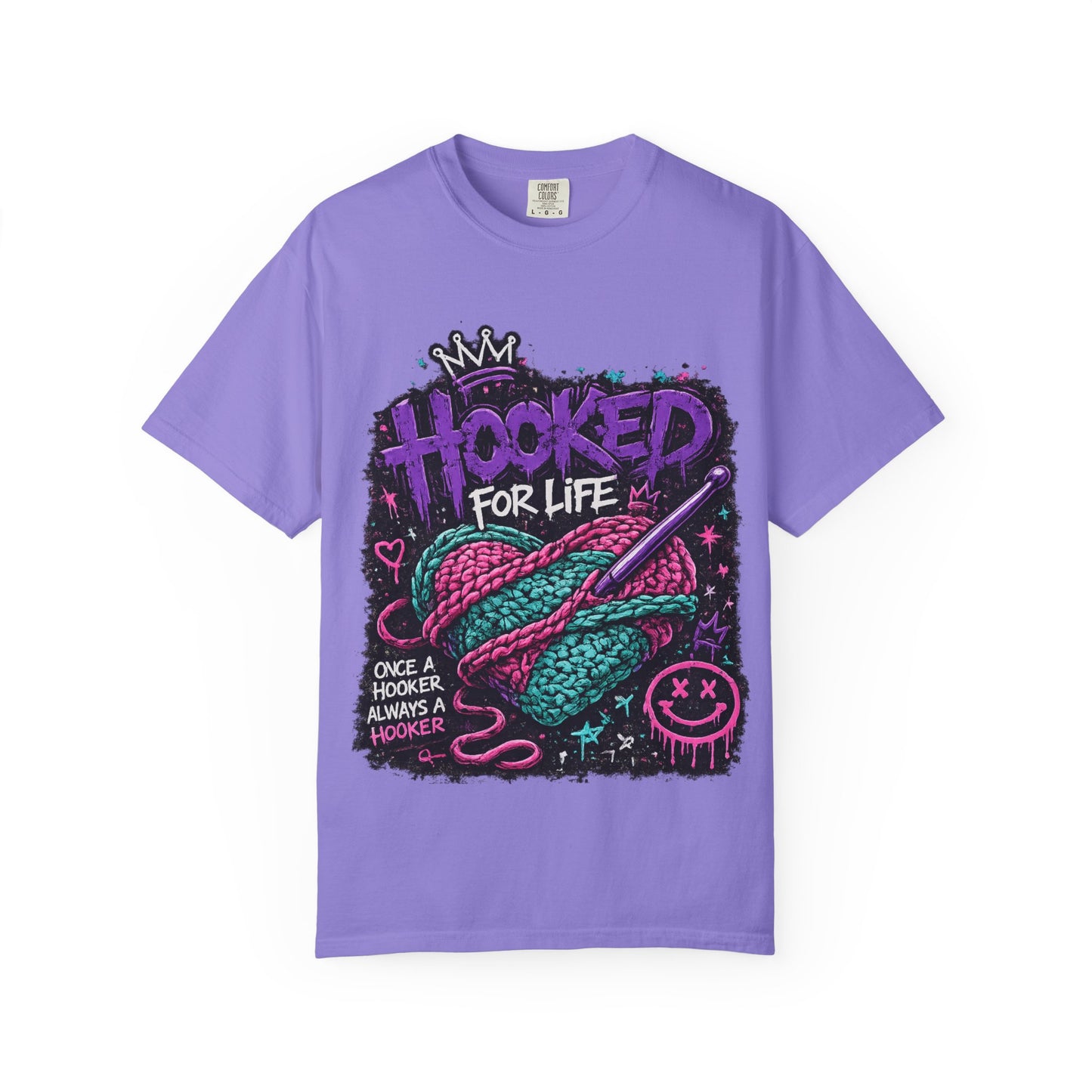 Hooked For Life Knitting T-Shirt — "Hooked for Life" Yarn & Crochet Graphic Tee
