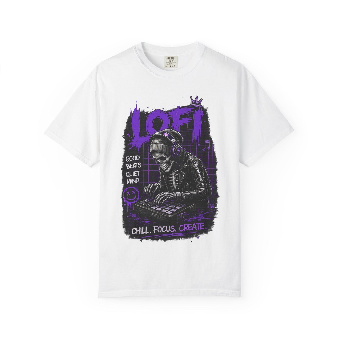 LoFi Skull DJ T-Shirt — "Chill. Focus. Create." Music Graphic Tee for Creators