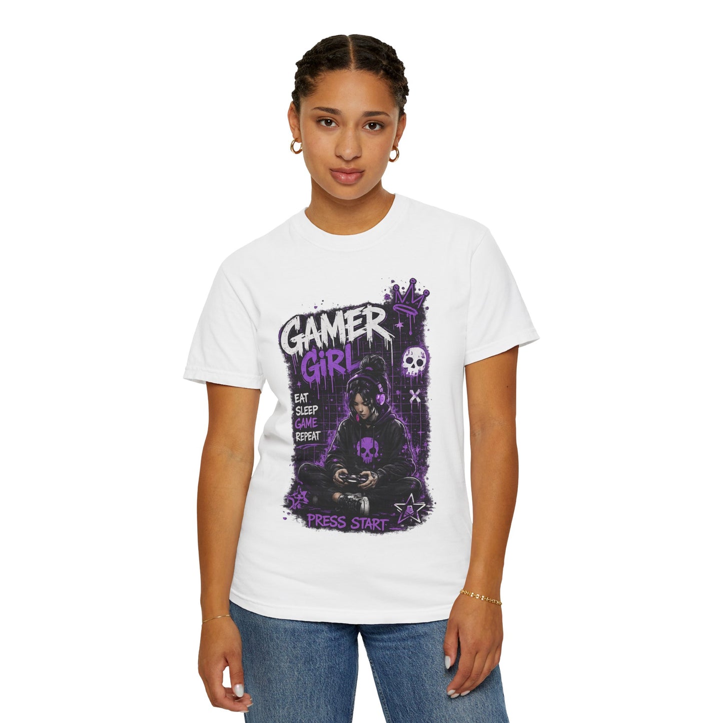 Gamer Girl T-Shirt — Retro Purple Gaming Graphic Tee ("Eat Sleep Game Repeat")