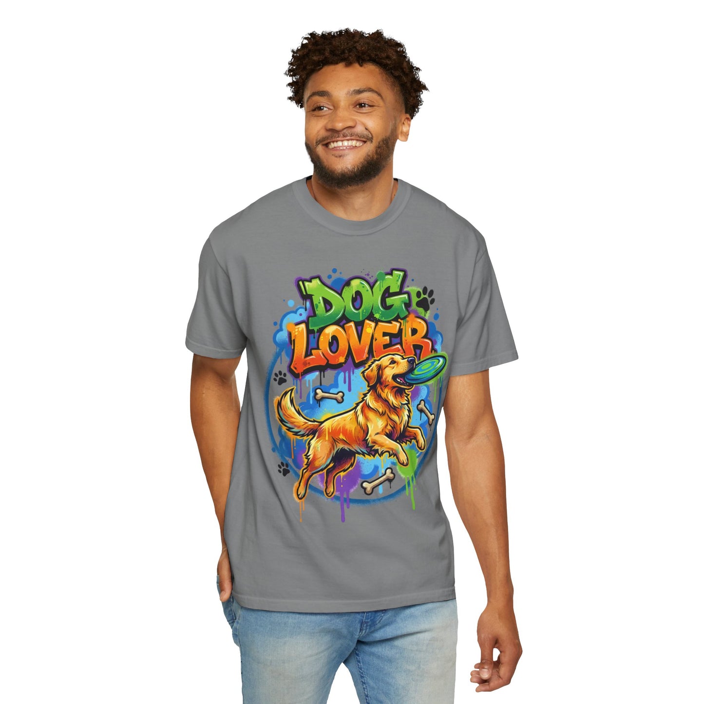 Dog Lover T-Shirt — Colorful Golden Retriever Frisbee Graphic Tee