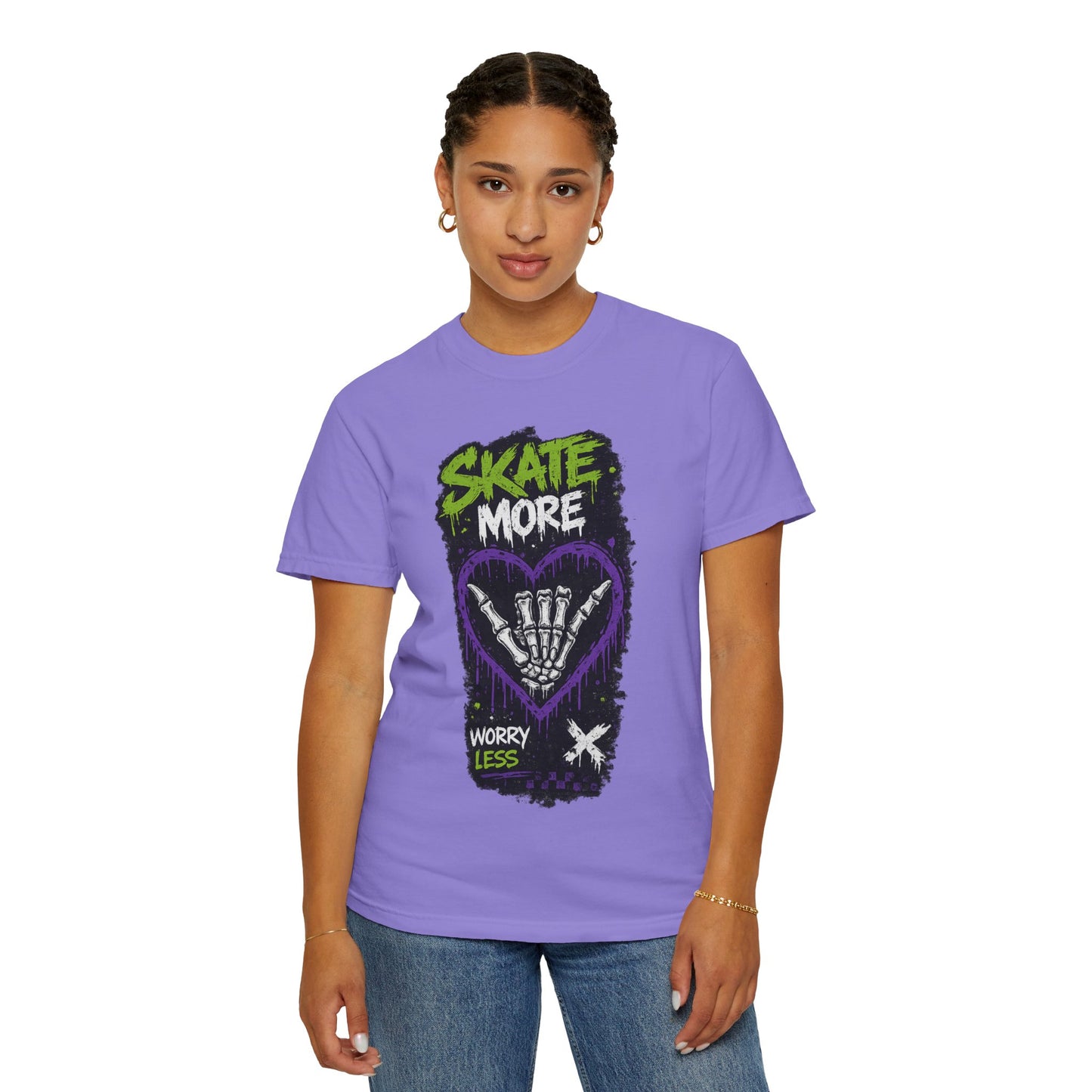Skate More Worry Less T-Shirt — Skateboard Skeleton Hand Graphic Tee