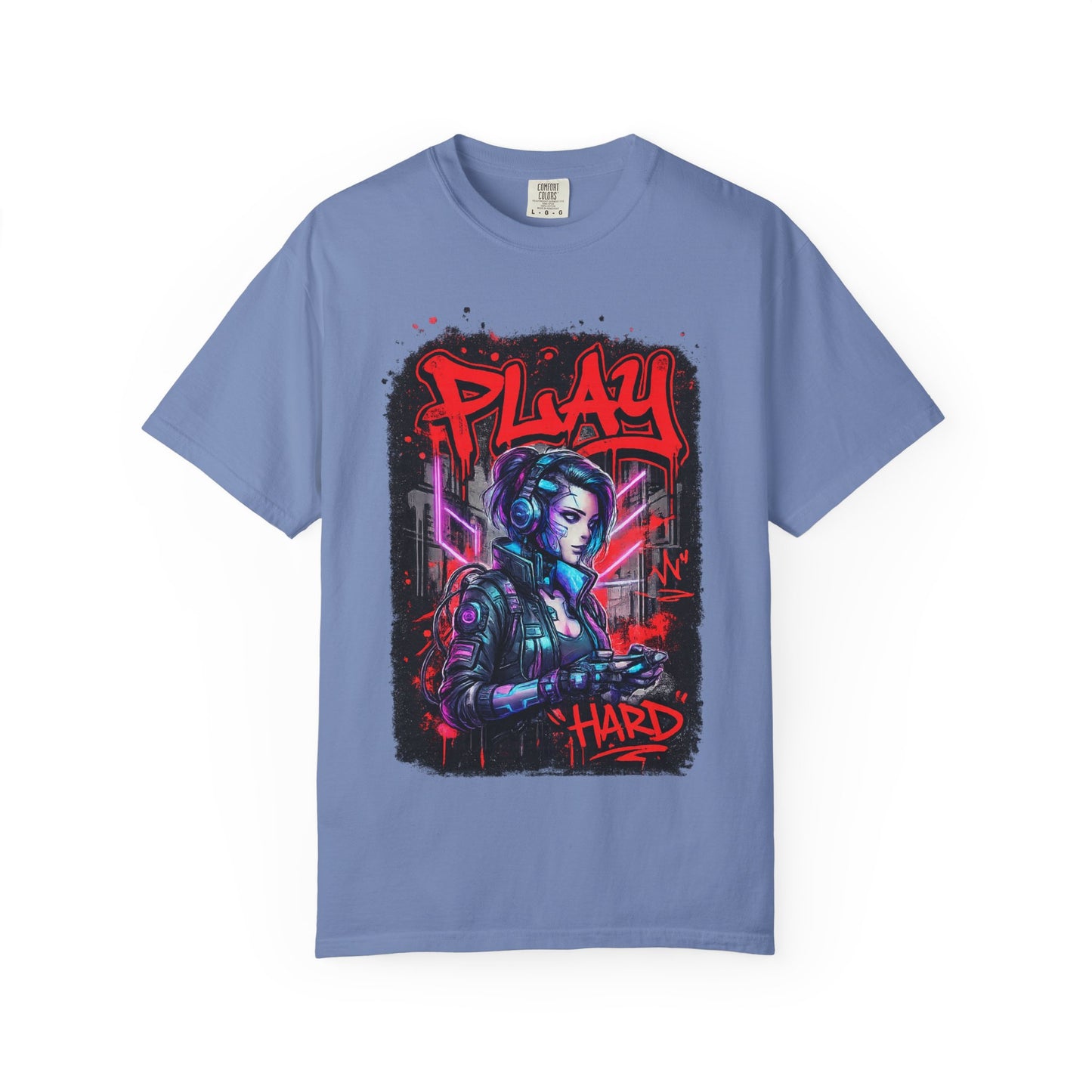 Play Hard Gamer T-Shirt — Neon Cyberpunk Video Game Tee