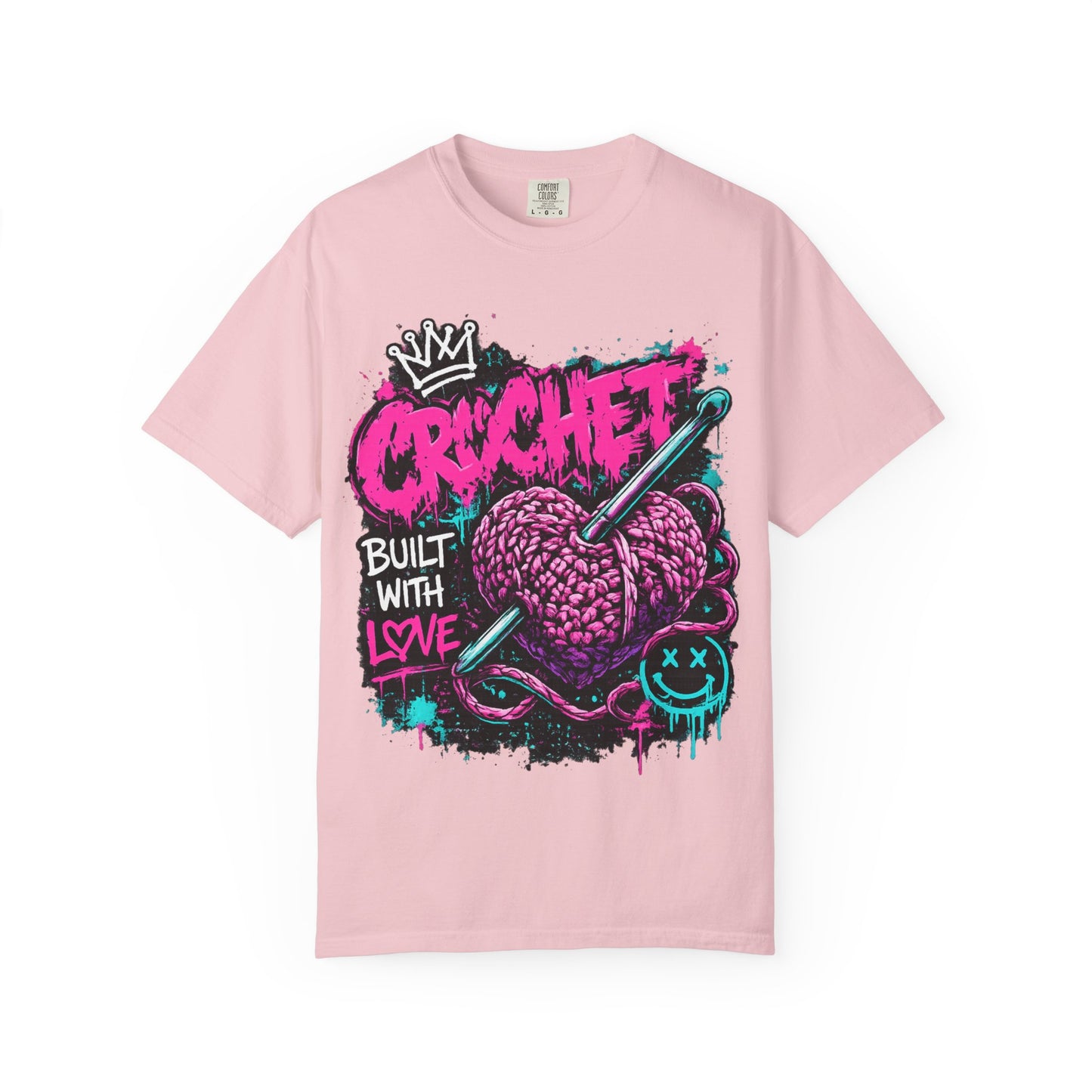 Crochet Built With Love T-Shirt — Retro Graffiti Heart Crochet Tee