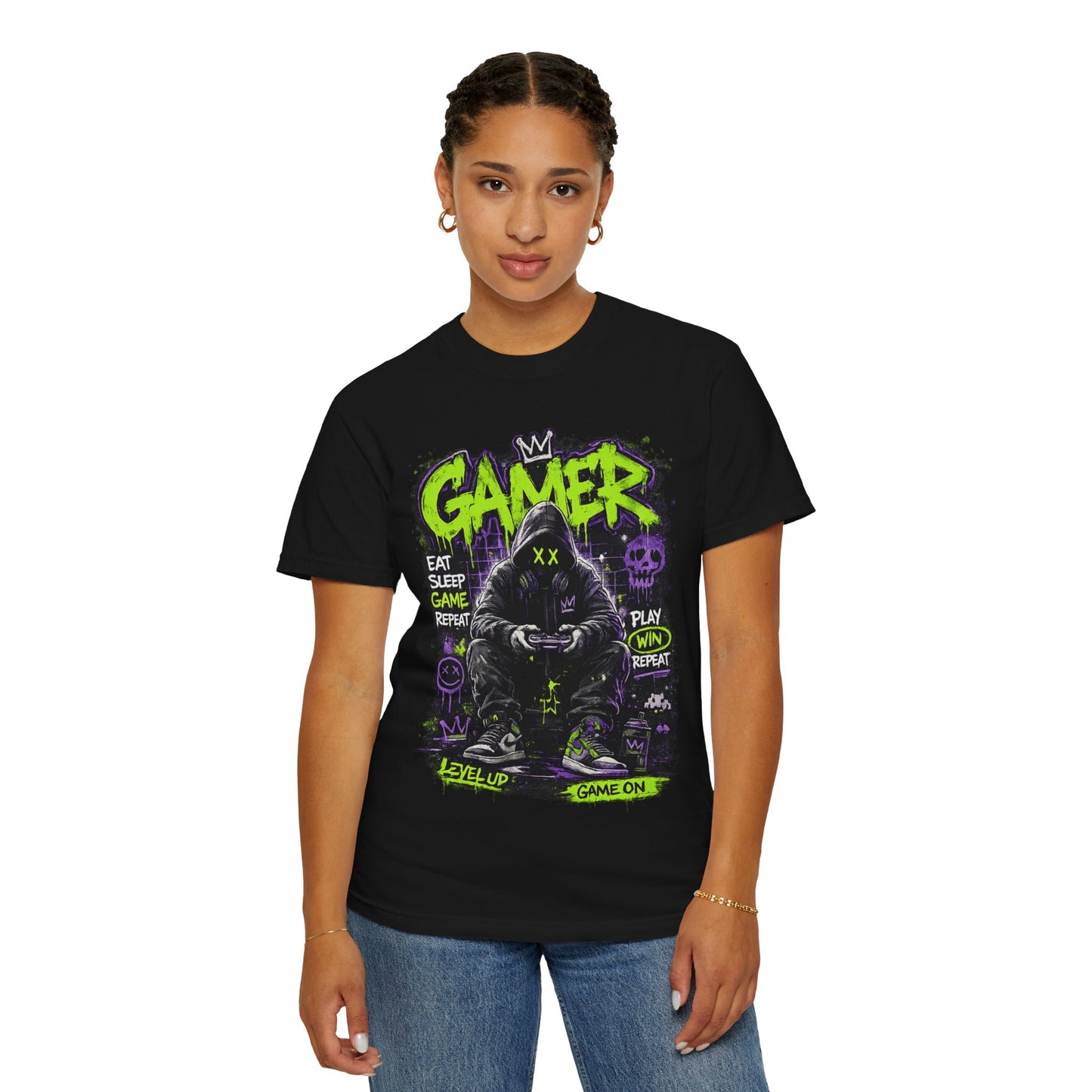 Gamer Hooded Figure Graphic T-Shirt | Neon Green Purple Streetwear