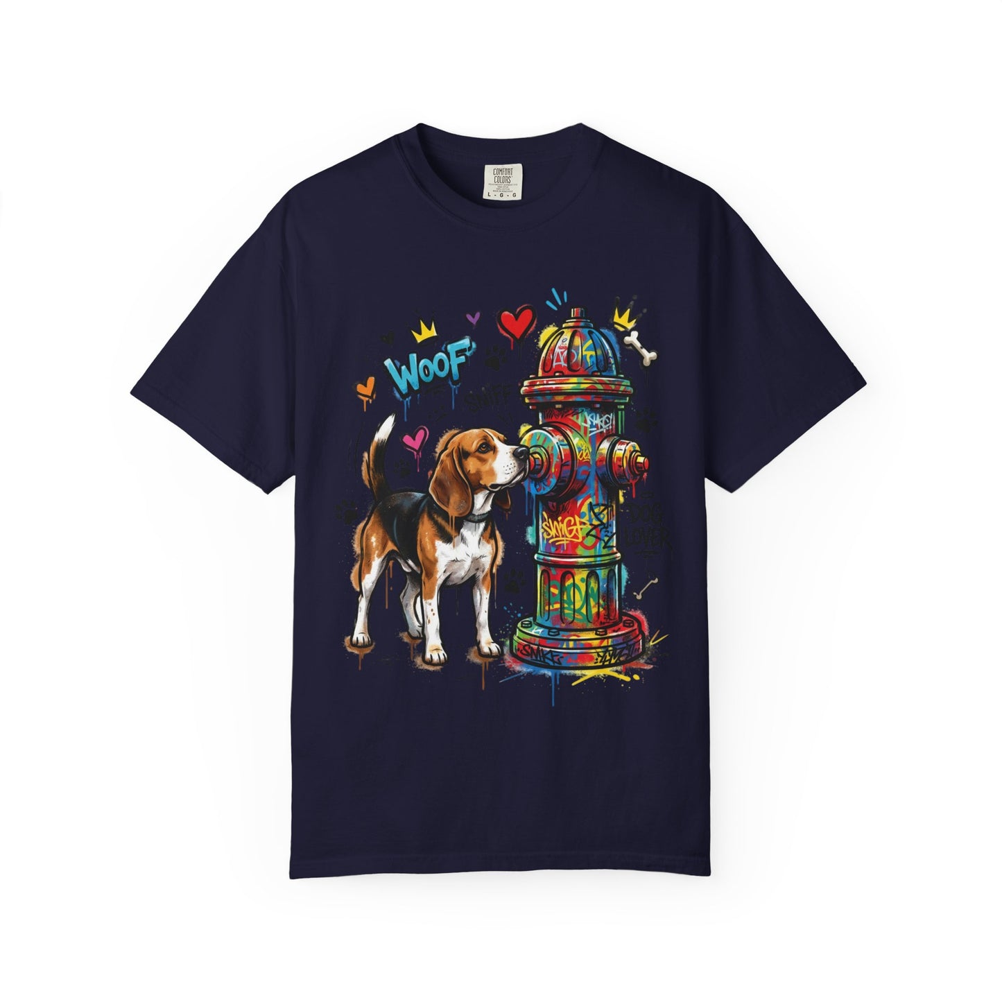 Beagle Dog Lover T-Shirt — Colorful Hydrant & 'Woof Sniff' Graphic