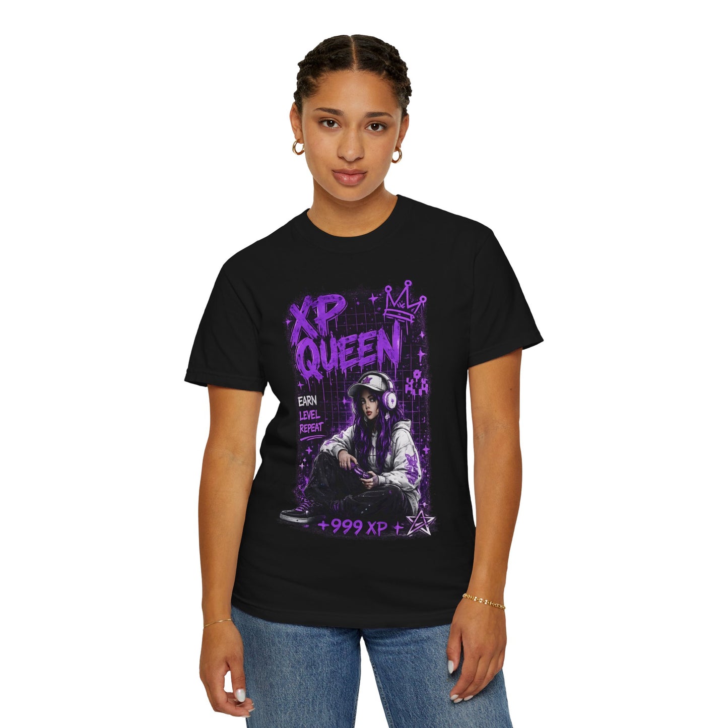 XP Queen T‑Shirt — Gamer Girl Graphic Tee (Earn Level Repeat +999 XP)