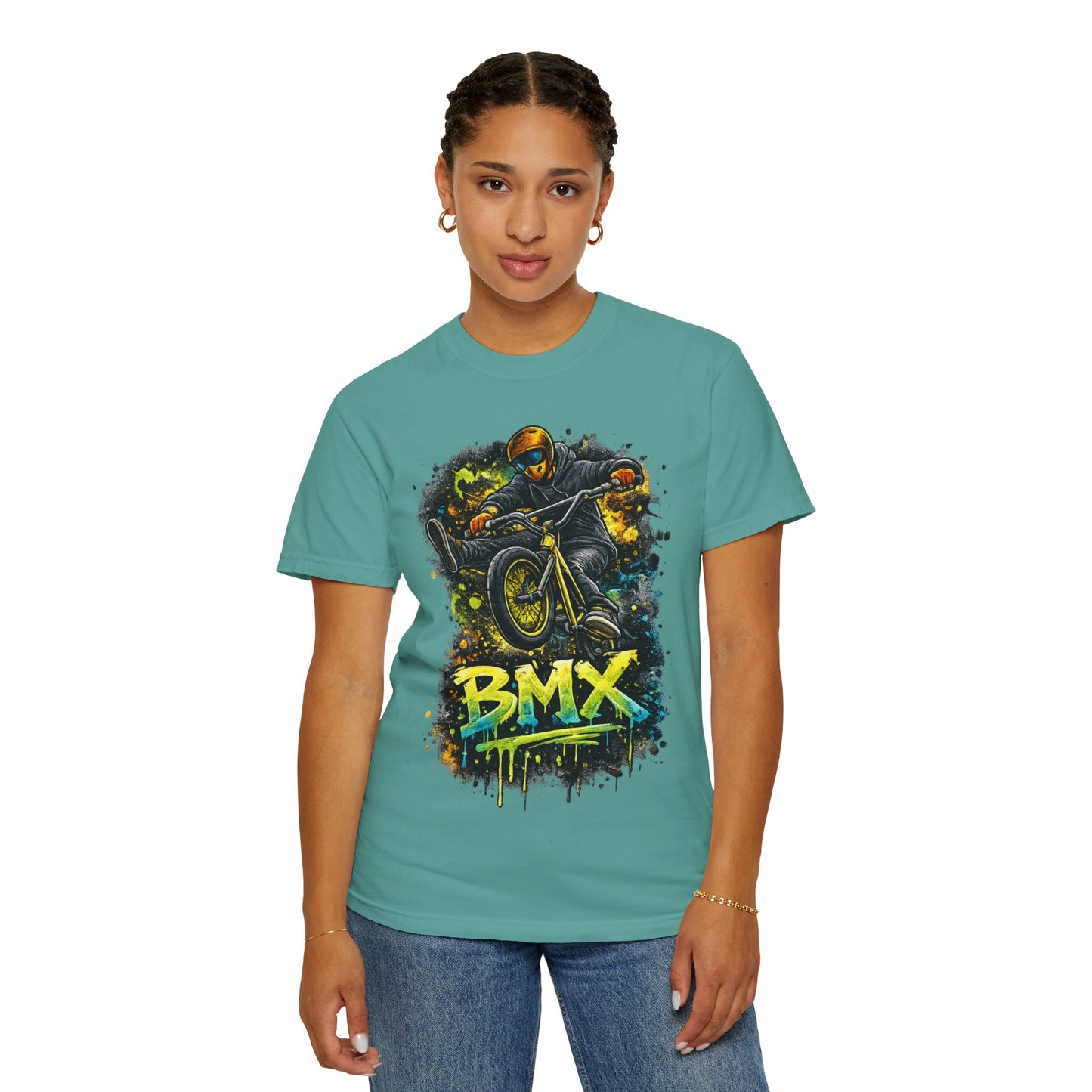 BMX Rider Graphic T-Shirt — Neon Stunt Bike Tee