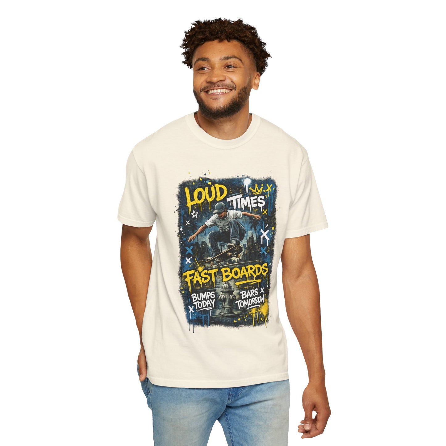 Skateboard Graphic T-Shirt — "Loud Times, Fast Boards" Vintage Skate Tee