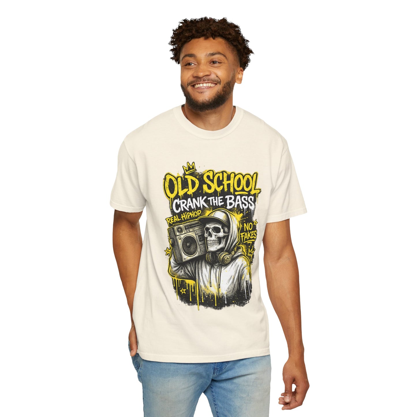 Old School Crank the Bass T-Shirt — Retro Hip Hop Skull Boombox Tee