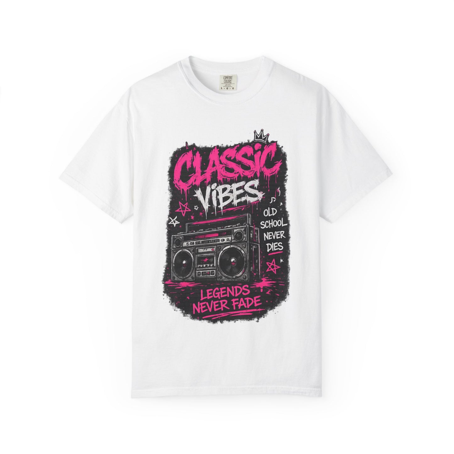 Classic Vibes T-Shirt — 'Legends Never Fade' Retro Boombox Graphic