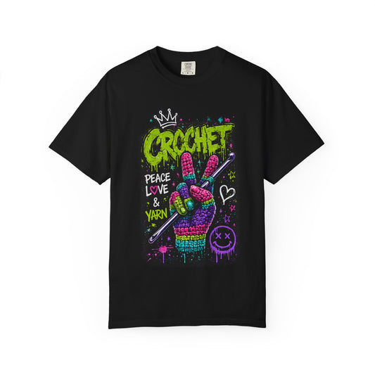 Crochet Peace Sign T-Shirt — "Crochet: Peace, Love & Yarn" Graphic Tee