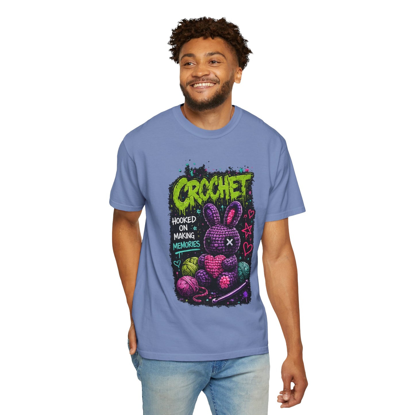 Crochet Bunny Graphic T-Shirt — “Hooked on Making Memories”