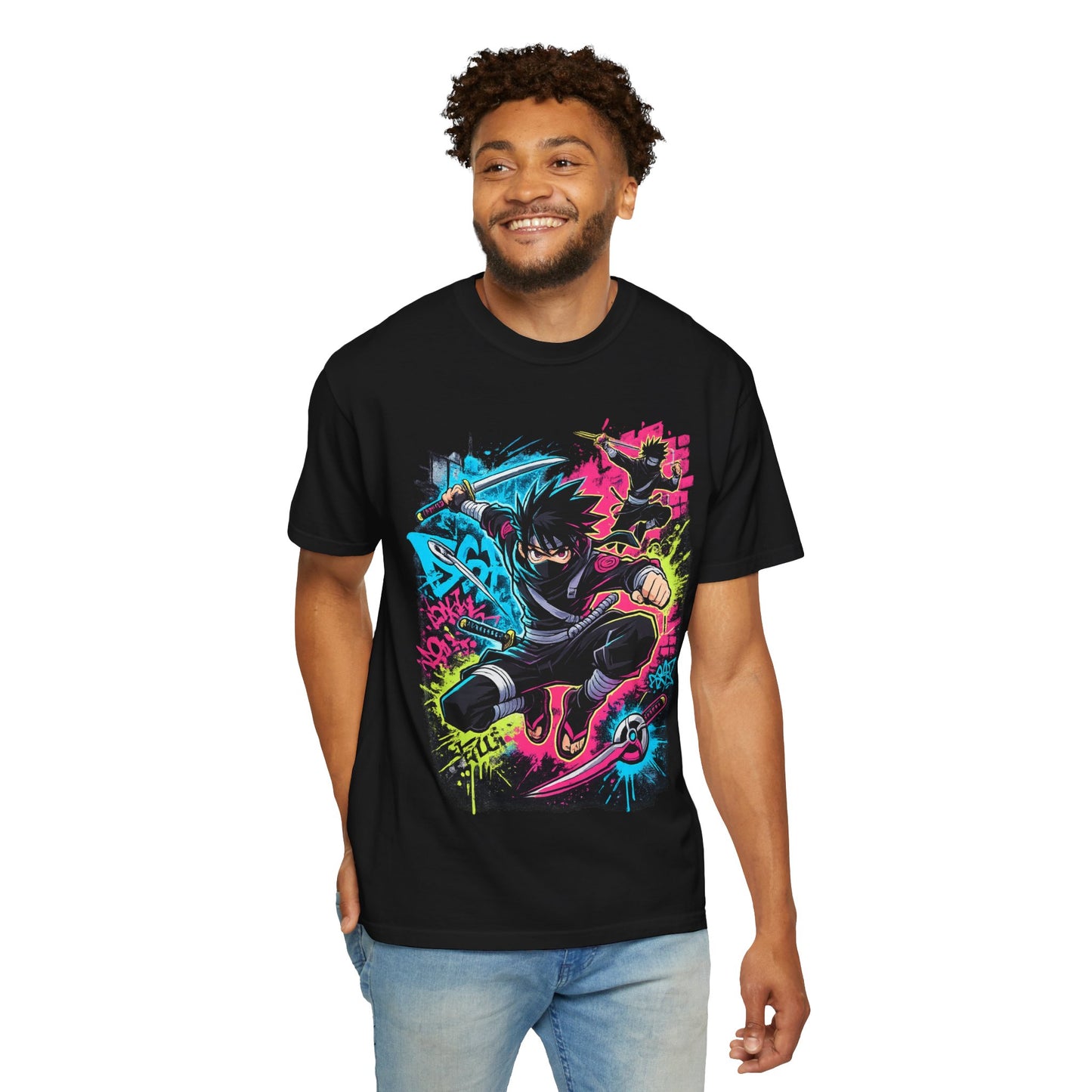 Anime Ninja Street Art T-Shirt — Neon Graffiti Graphic Tee