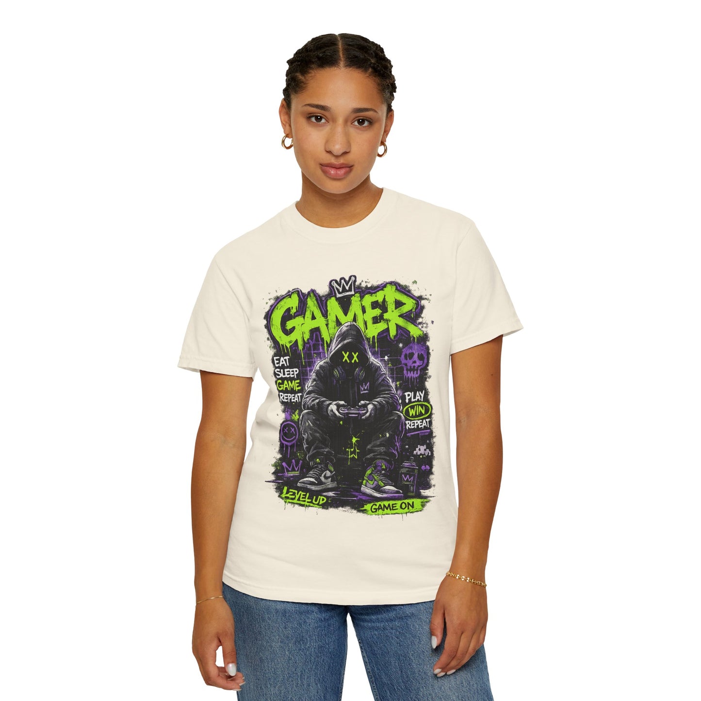 Gamer Hooded Figure Graphic T-Shirt | Neon Green Purple Streetwear