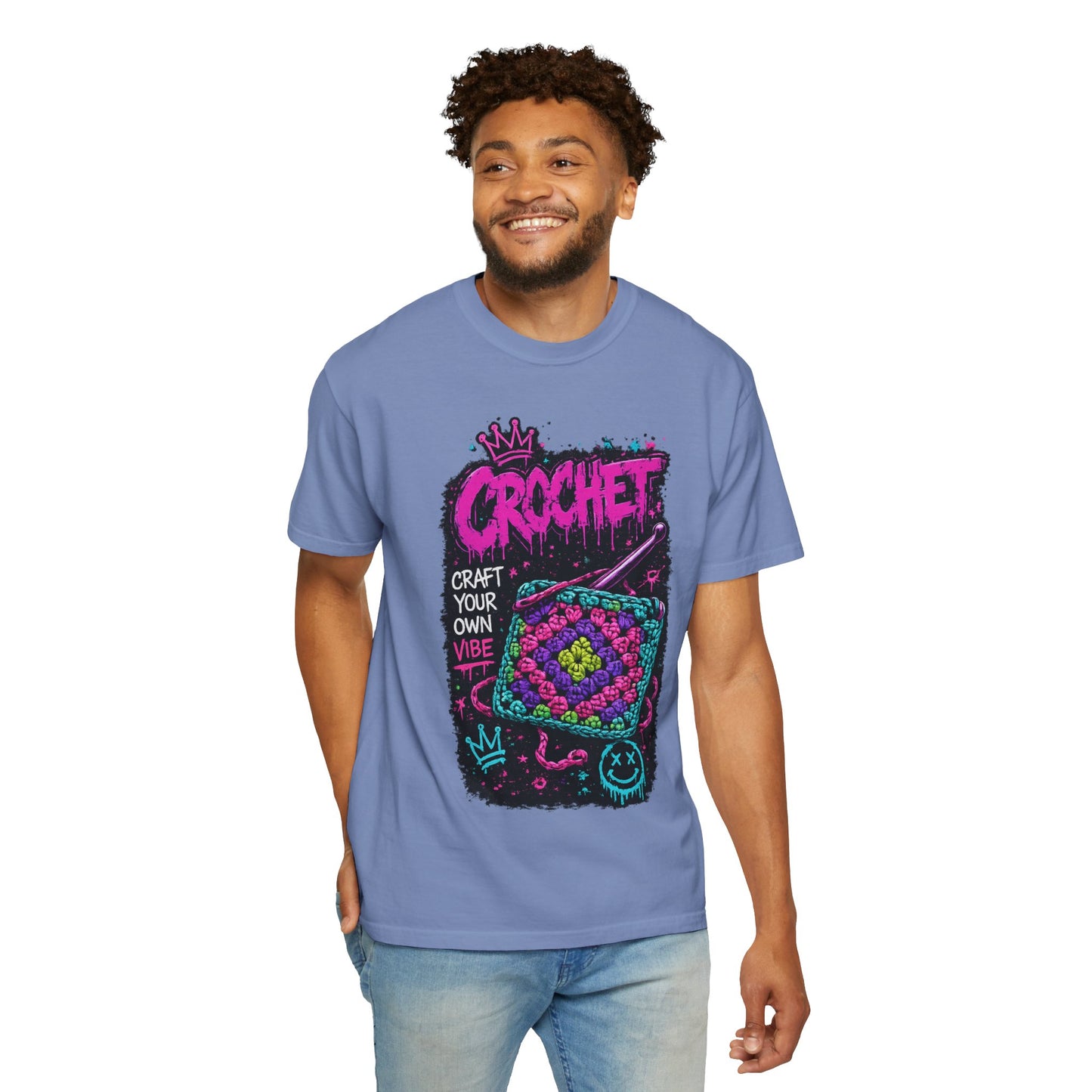 Crochet Vibes Graphic T-Shirt — "Craft Your Own Vibe" Retro Neon Crochet Design