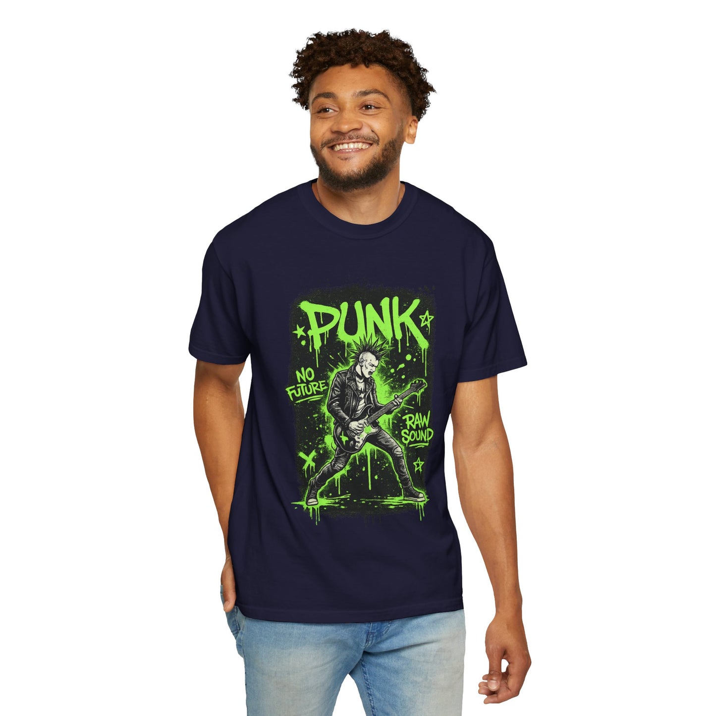 Punk Guitarist Graphic T-Shirt — “PUNK: No Future, Raw Sound” Neon Green Band Tee