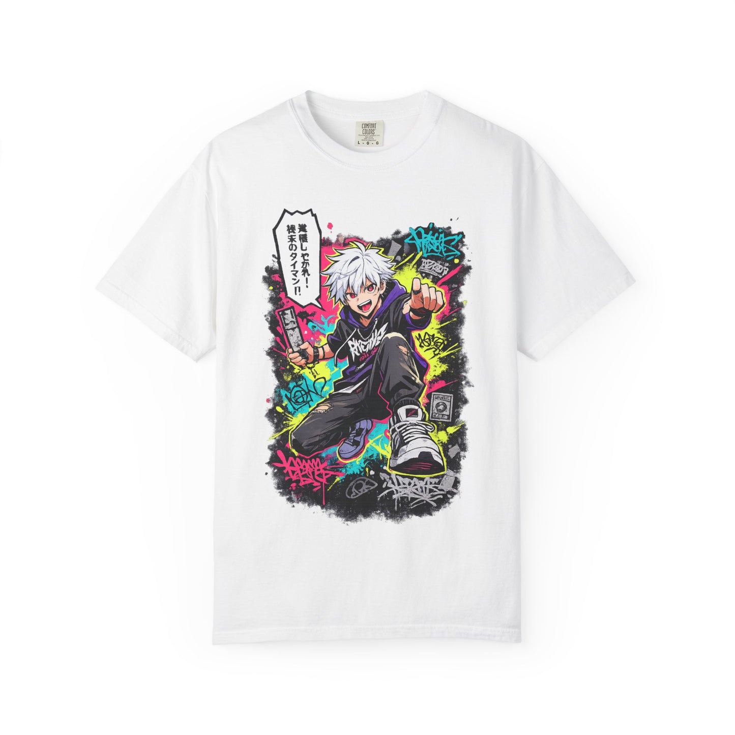 Anime Streetwear T-Shirt — Neon Urban Character Design with Japanese Text