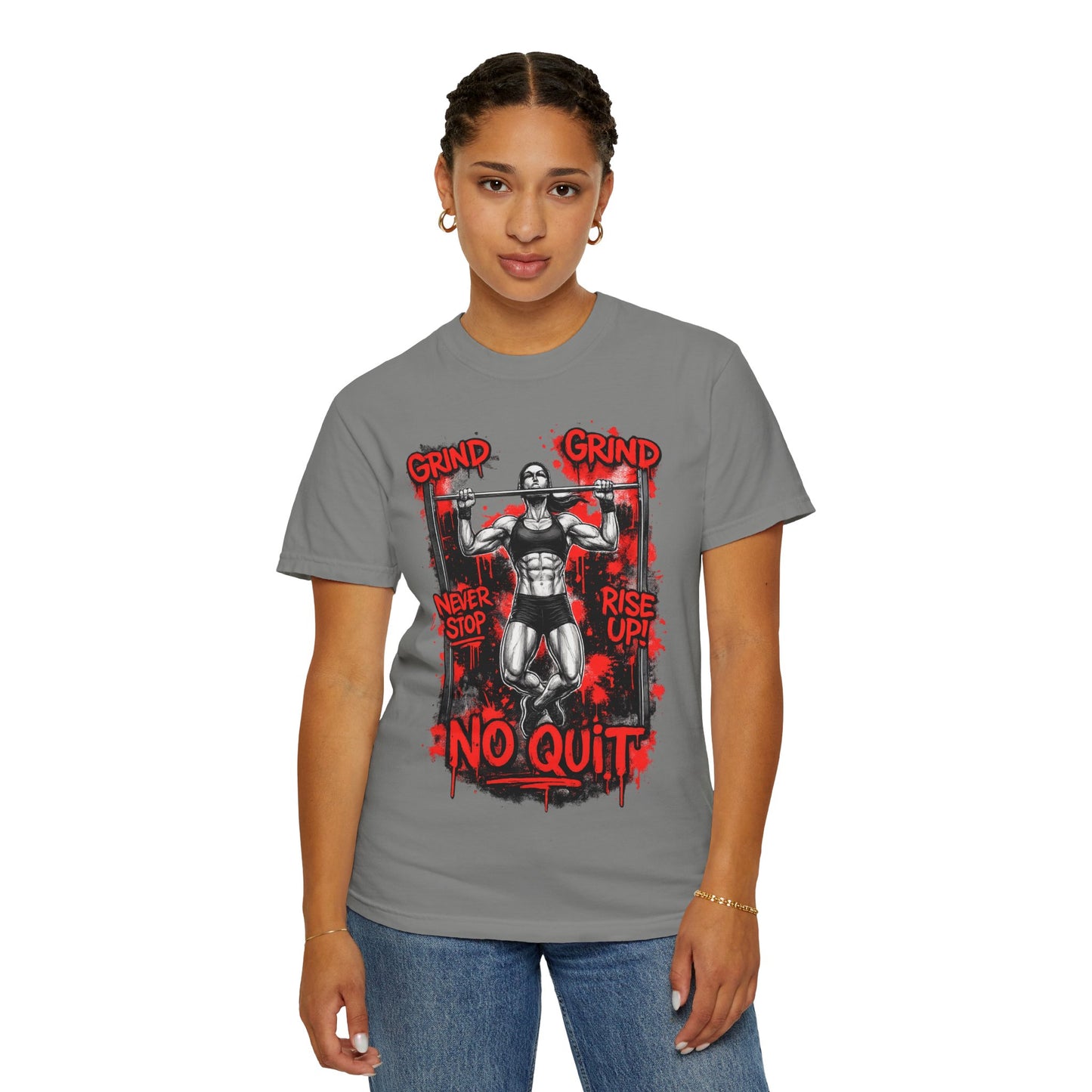 No Quit Gym T-Shirt — 'Grind, Never Stop, Rise Up' Motivational Fitness Tee