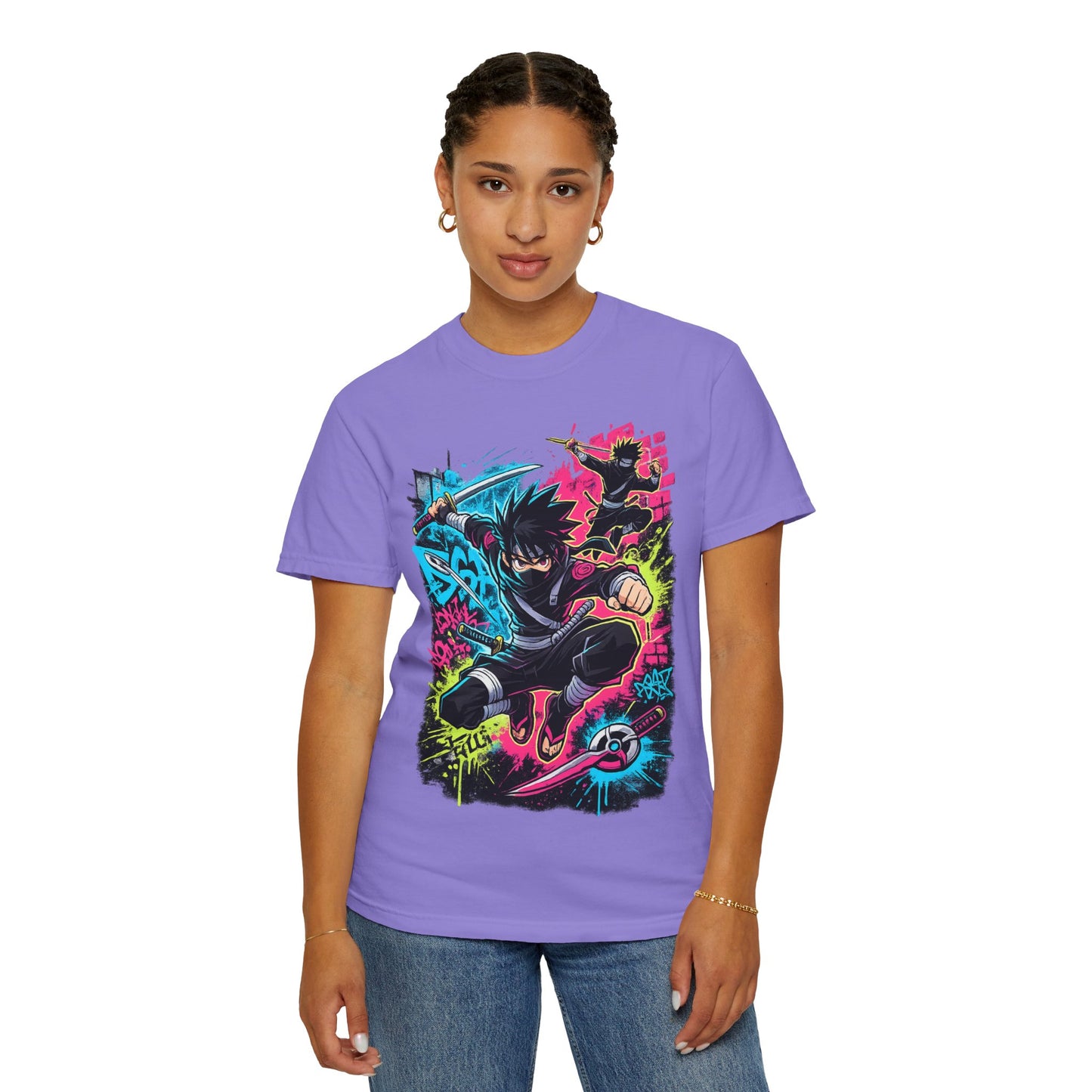 Anime Ninja Street Art T-Shirt — Neon Graffiti Graphic Tee
