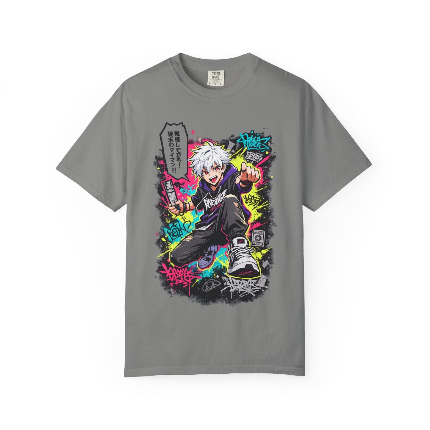Anime Streetwear T-Shirt — Neon Urban Character Design with Japanese Text