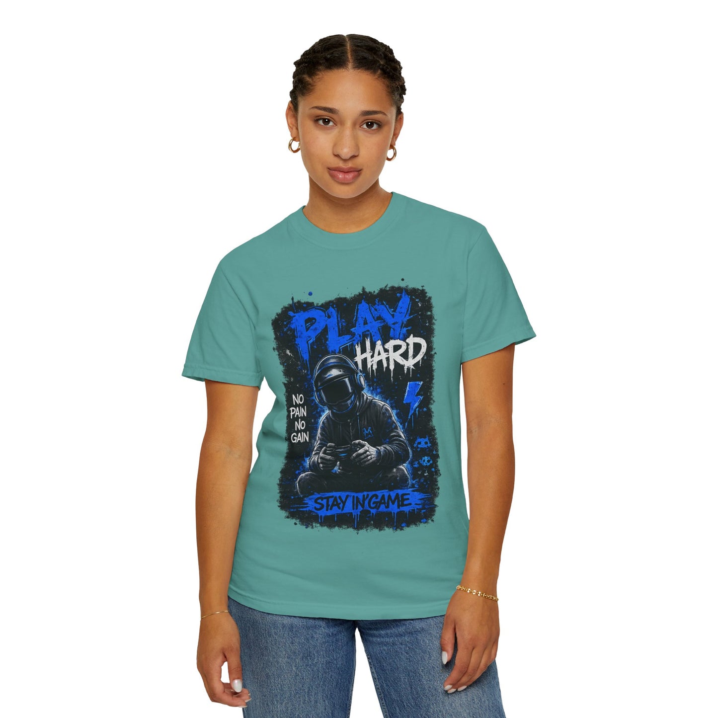 Play Hard Gamer Graphic T-Shirt — "No Pain No Gain" Hooded Player Design