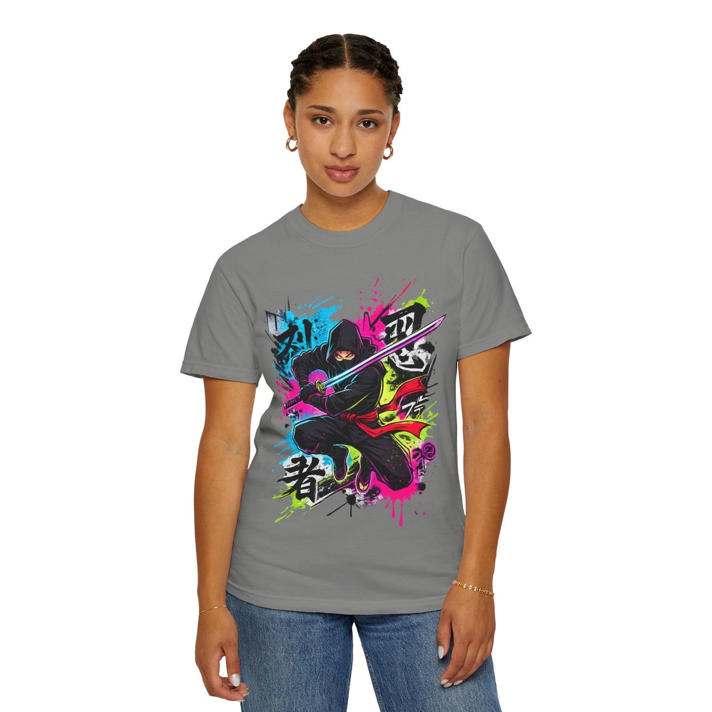Neon Ninja Samurai T-Shirt — Vibrant Graffiti Sword Art