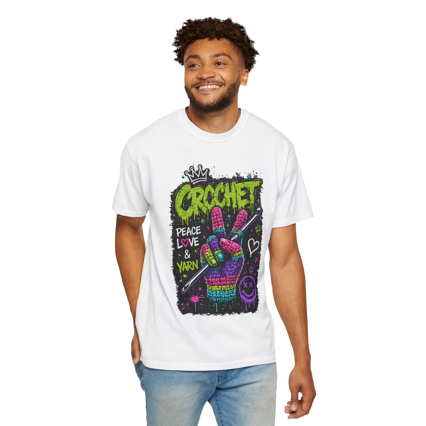 Crochet Peace Sign T-Shirt — "Crochet: Peace, Love & Yarn" Graphic Tee