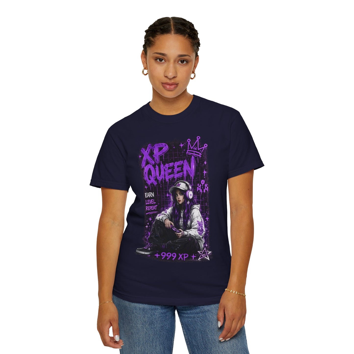 XP Queen T‑Shirt — Gamer Girl Graphic Tee (Earn Level Repeat +999 XP)