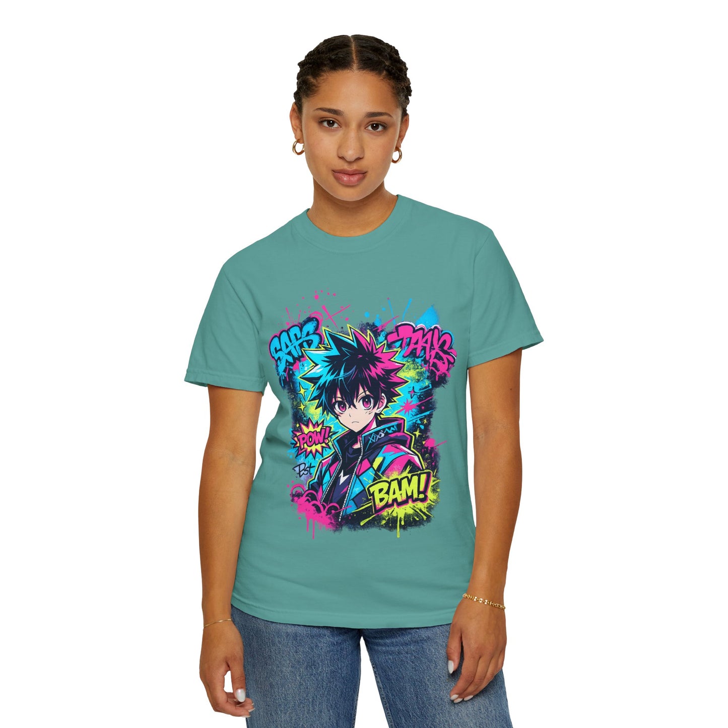 Anime Comic Boy Graphic T-Shirt — Neon Manga "BAM!" Design