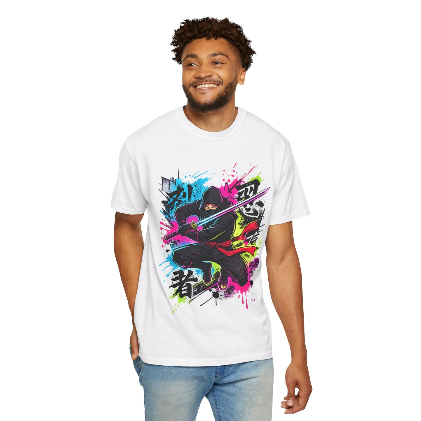 Neon Ninja Samurai T-Shirt — Vibrant Graffiti Sword Art