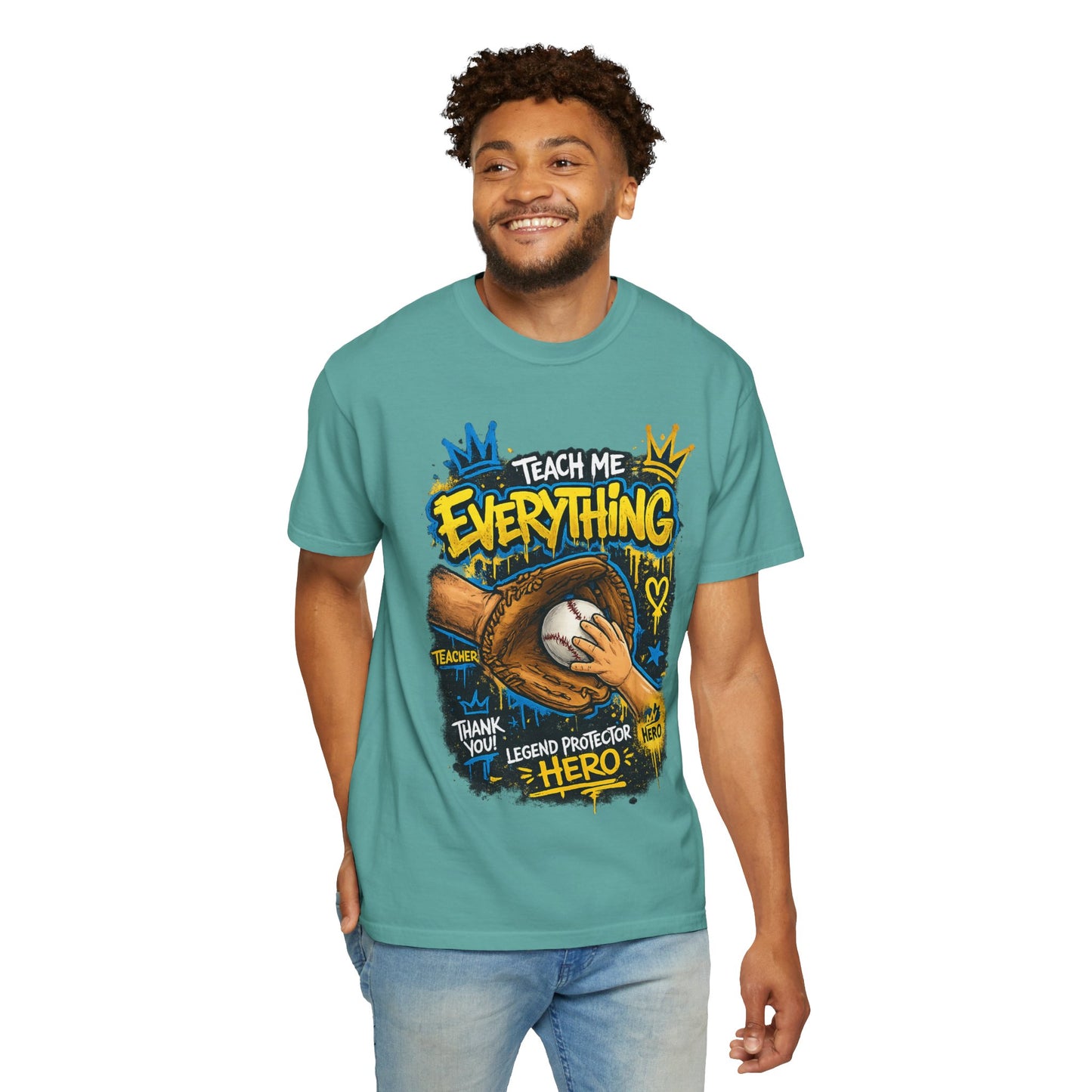 Teach Me Everything baseball glove and ball T-Shirt | Teacher coach appreciation graphic tee