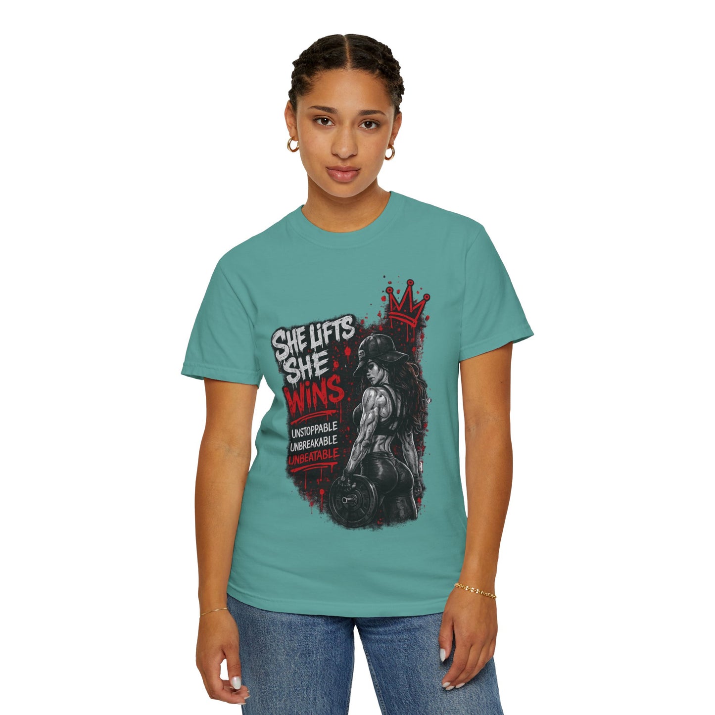 She Lifts She Wins T-Shirt — Women’s Strength Fitness Graphic Tee