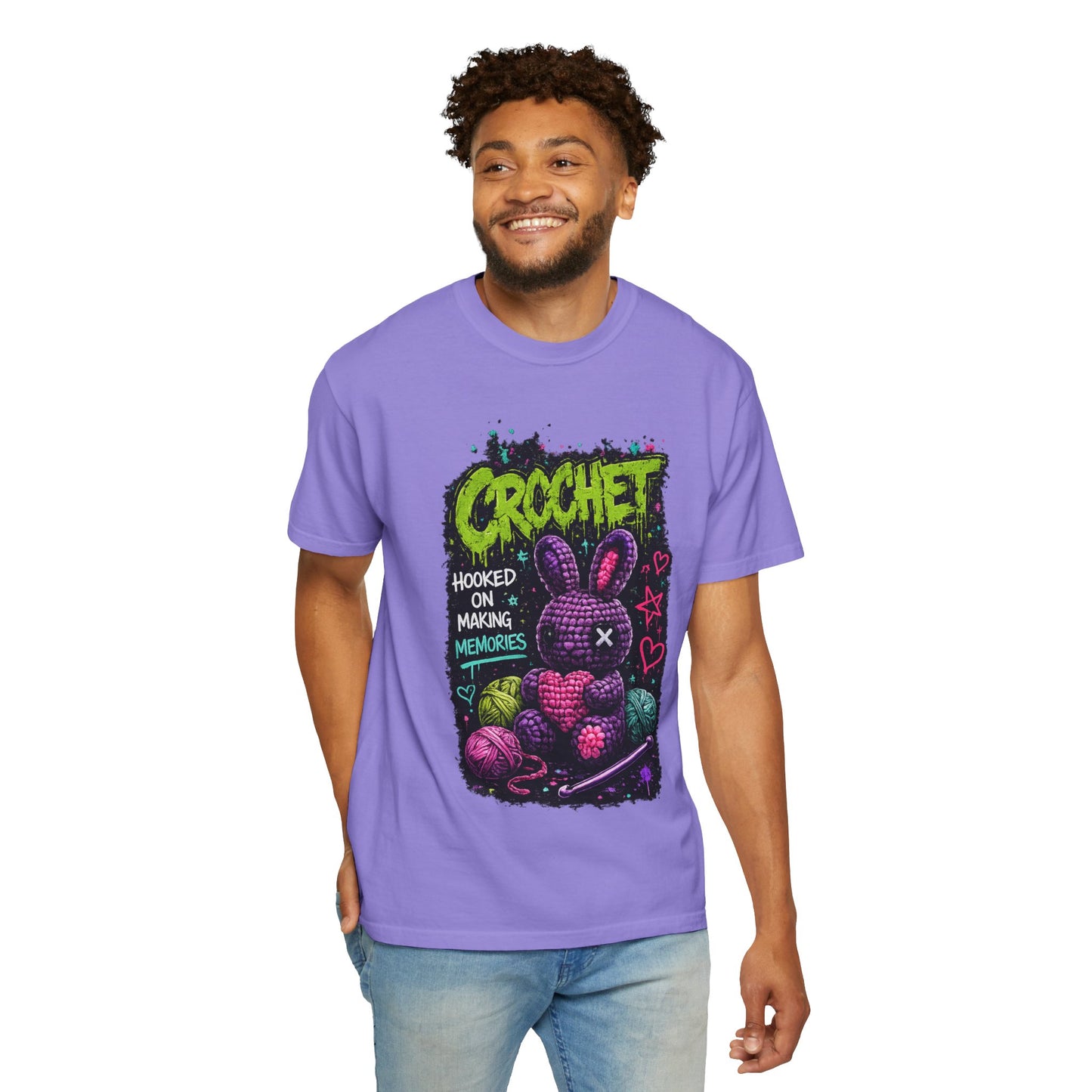 Crochet Bunny Graphic T-Shirt — “Hooked on Making Memories”