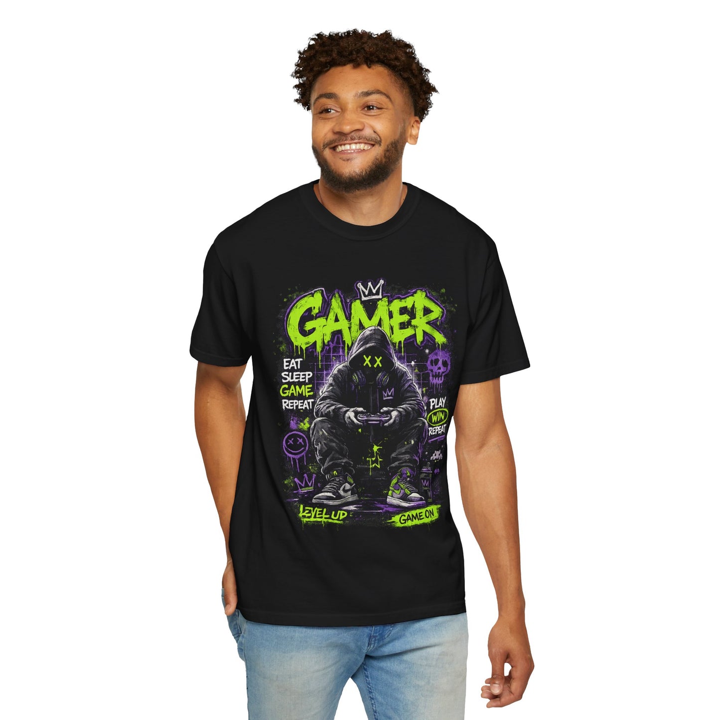 Gamer Hooded Figure Graphic T-Shirt | Neon Green Purple Streetwear