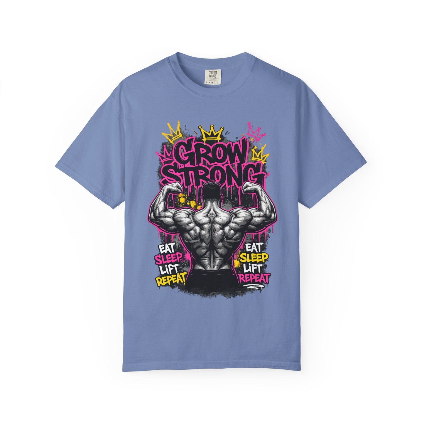 Grow Strong muscular back illustration T-shirt | Eat Sleep Lift Repeat gym tee