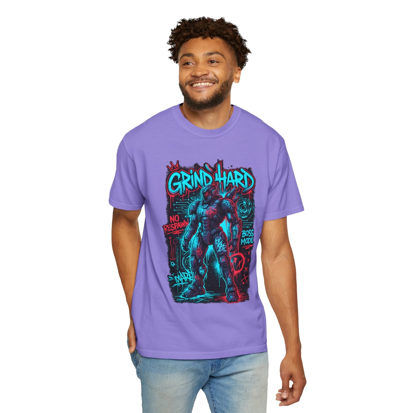 Grind Hard Gamer Warrior T-shirt | Neon Retro Gym Graphic