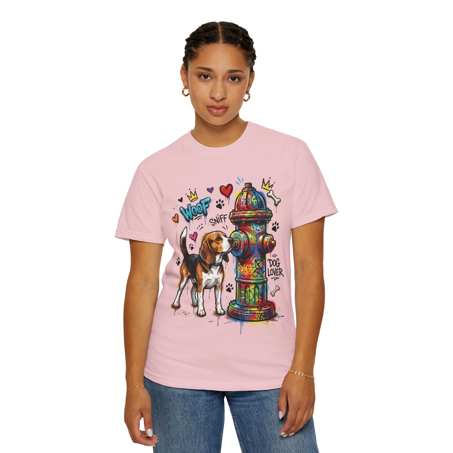 Beagle Dog Lover T-Shirt — Colorful Hydrant & 'Woof Sniff' Graphic
