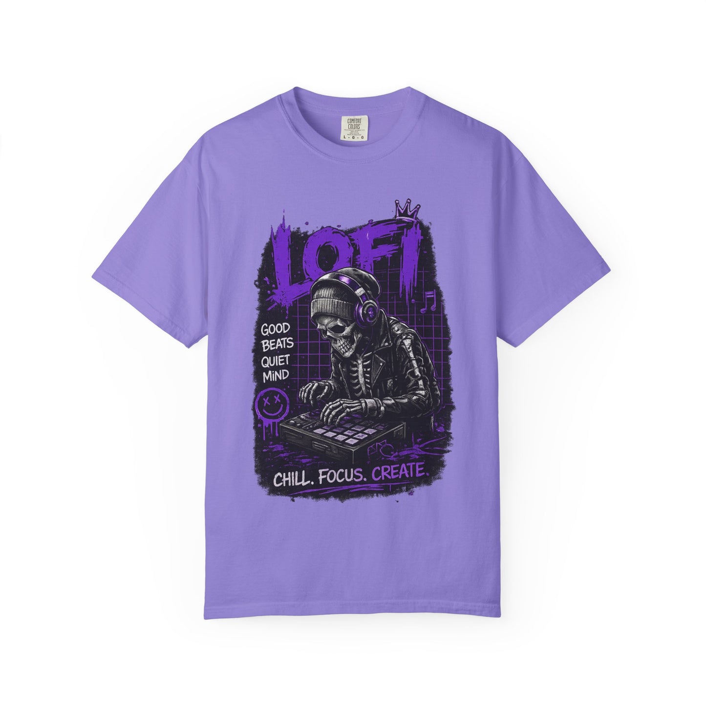 LoFi Skull DJ T-Shirt — "Chill. Focus. Create." Music Graphic Tee for Creators