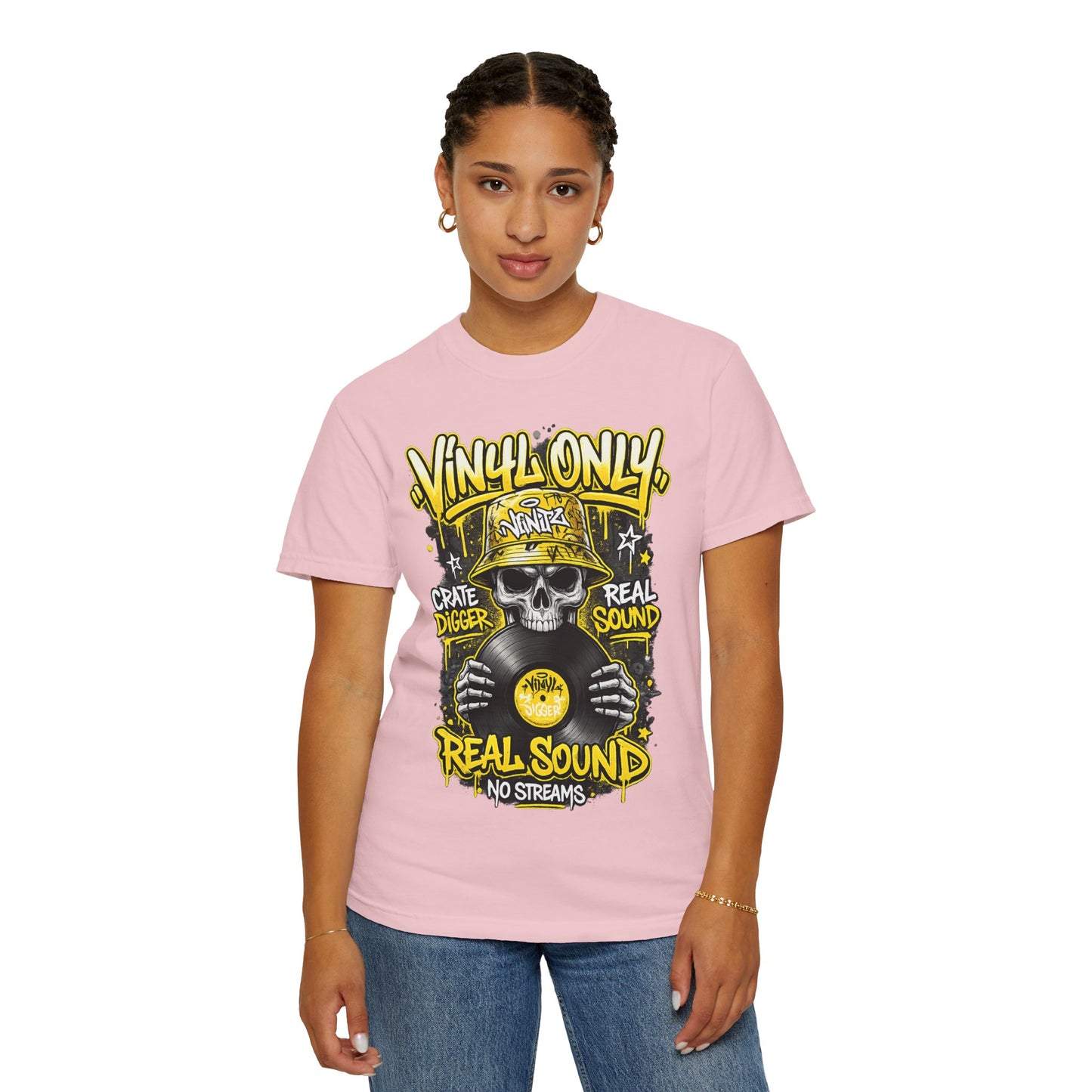 Vinyl Only Skull T-Shirt – "Real Sound, No Streams" Retro DJ Tee