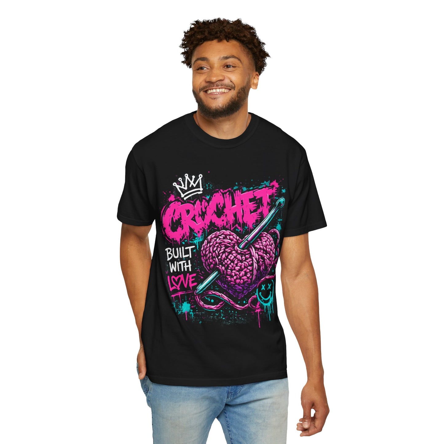 Crochet Built With Love T-Shirt — Retro Graffiti Heart Crochet Tee