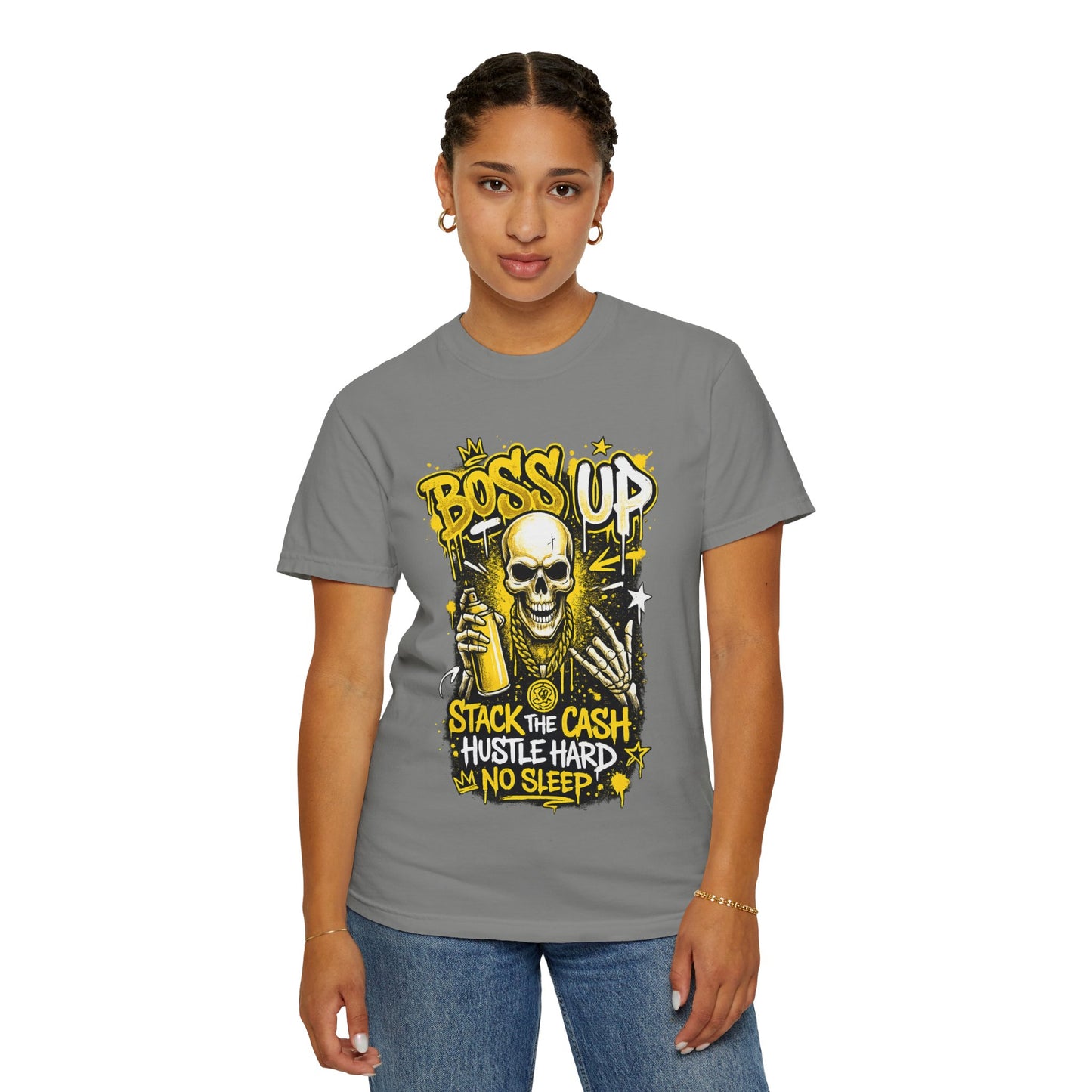 Boss Up Skull Hustle T-Shirt — "Stack the Cash, Hustle Hard, No Sleep" Graphic Tee