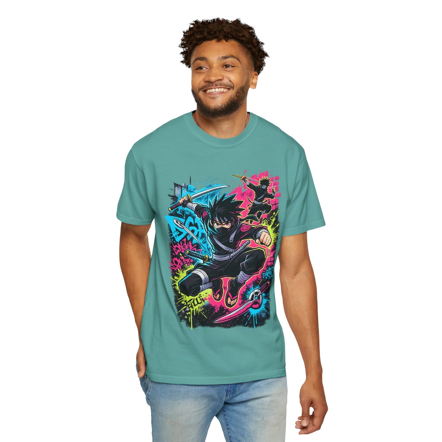 Anime Ninja Street Art T-Shirt — Neon Graffiti Graphic Tee