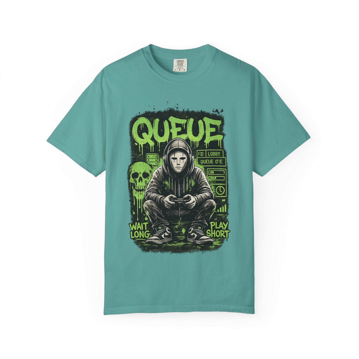 Queue Gamer Hoodie T-Shirt | Waiting Player Graphic Tee, Neon Green Skull Art